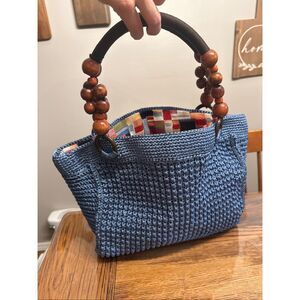 Blue Brown Wooden Bead Crochet Knit Lined Purse Tote Handbag One Size